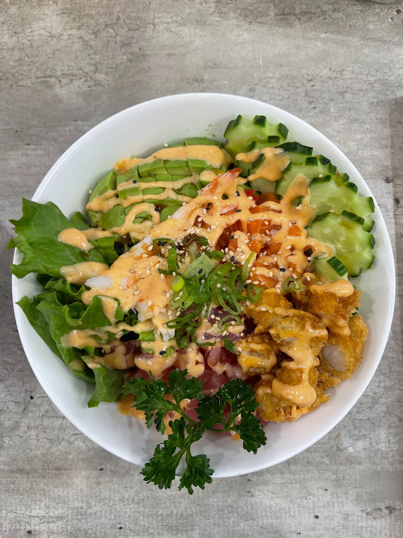 A Sushi Hero Bowl with salmon, tuna, shrimp katsu, avocado and cucumber under spicy mayo
